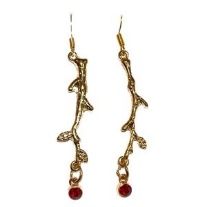 Gold Branch Earrings with Red Gemstone